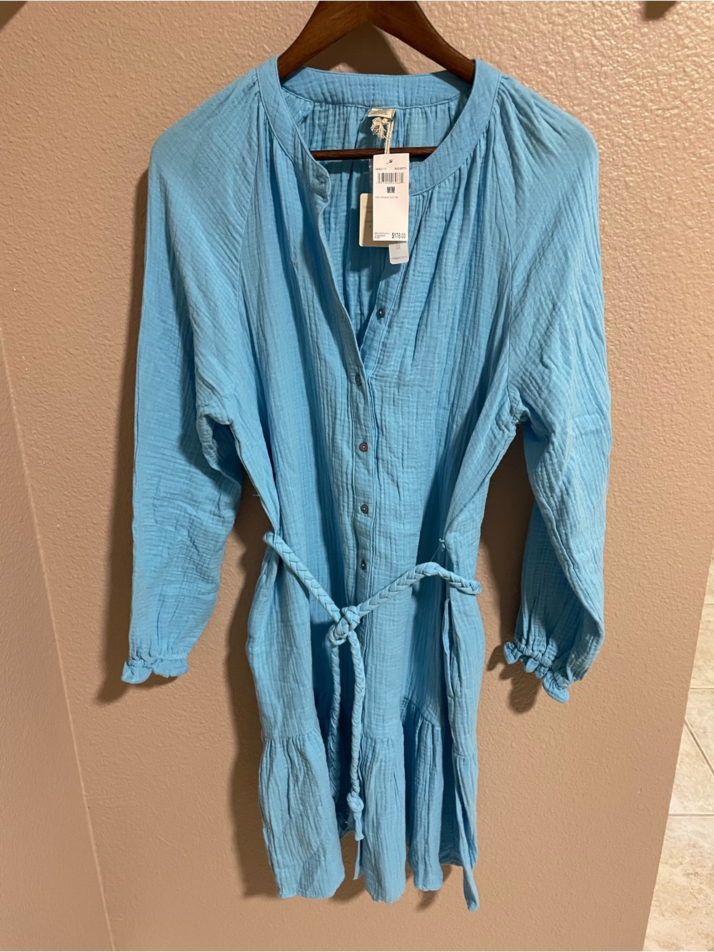 Magaschoni Light Blue Long Sleeve Button-Front Tie-Waist Dress